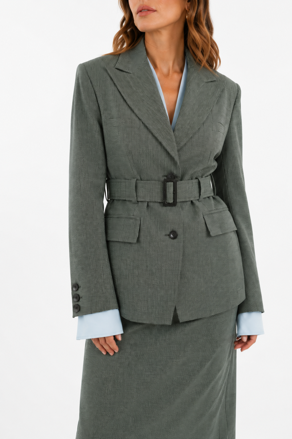 Wool blazer in green-and-black weave with belt and exposed light blue lining on the sleeves