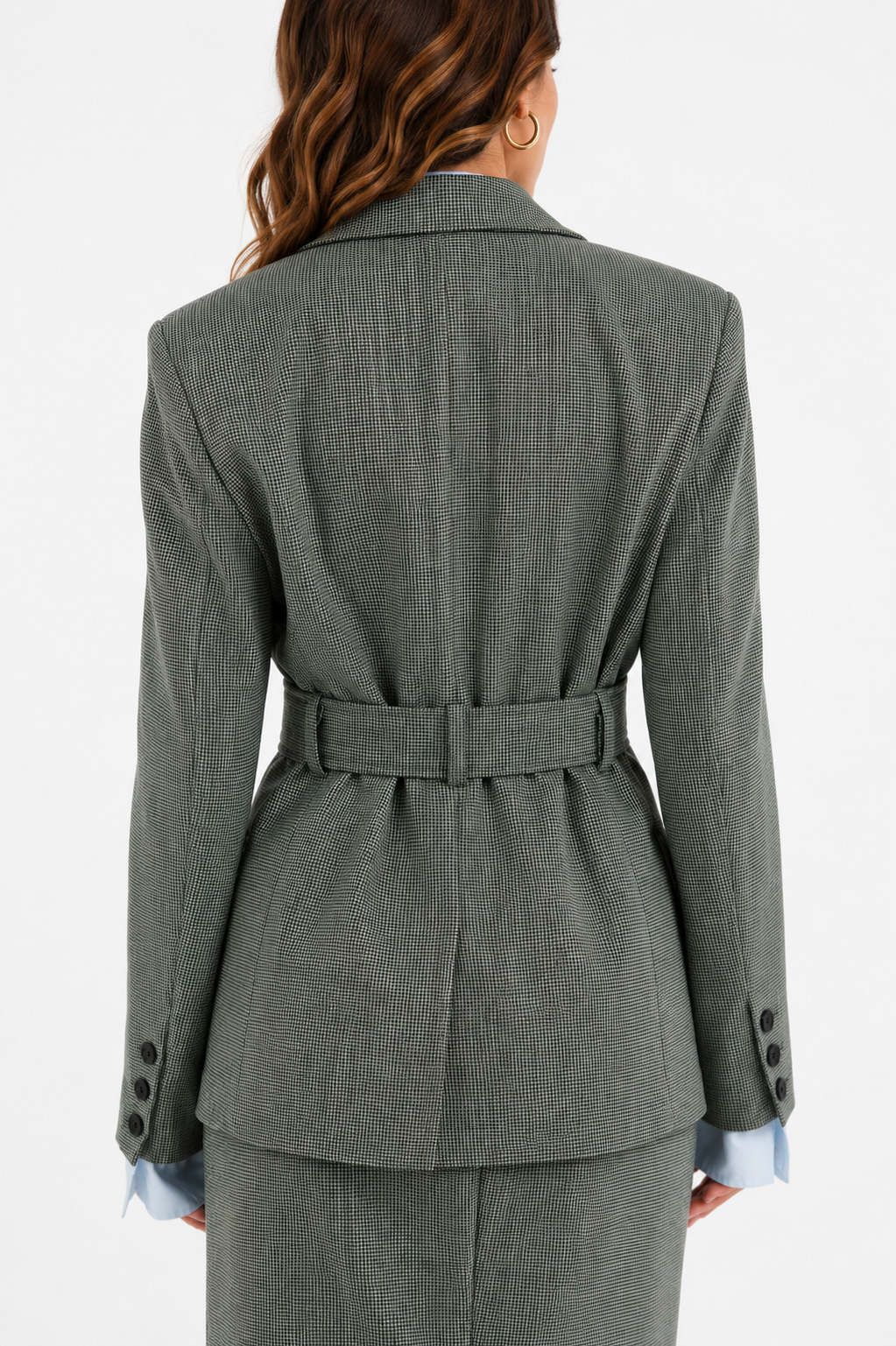 Wool blazer in green-and-black weave with belt and exposed light blue lining on the sleeves