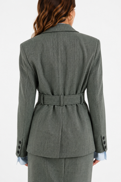 Wool blazer in green-and-black weave with belt and exposed light blue lining on the sleeves