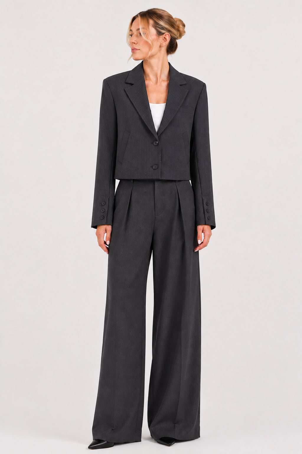 Blazer destrutturato crop in lana grigio gessato