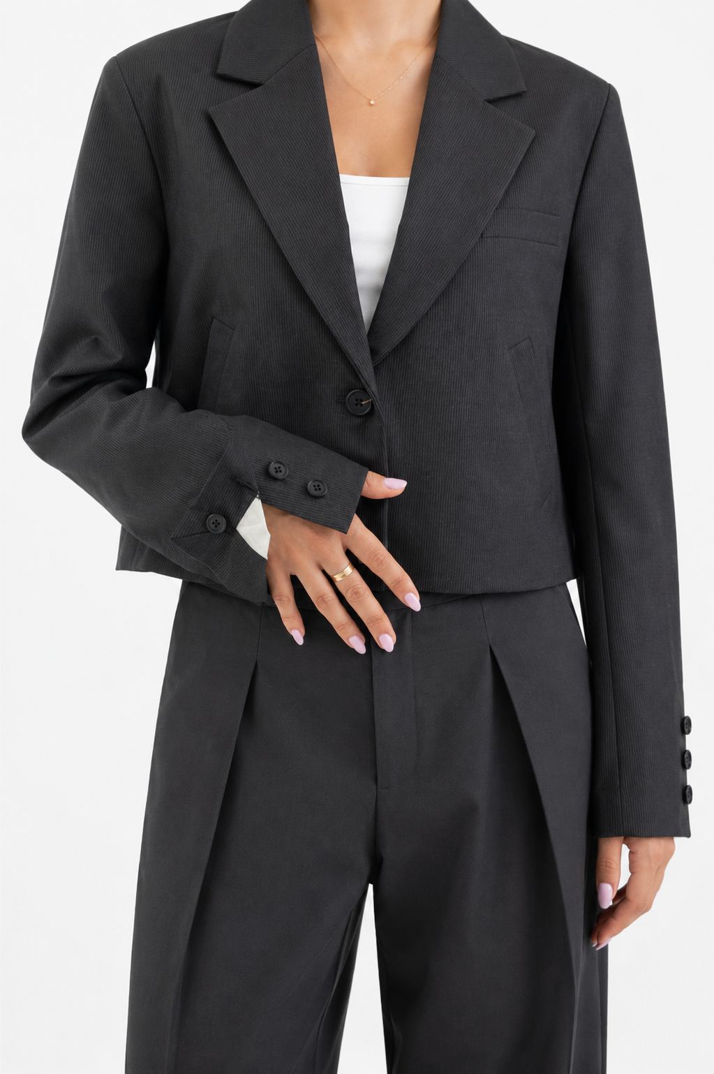 Blazer destrutturato crop in lana grigio gessato