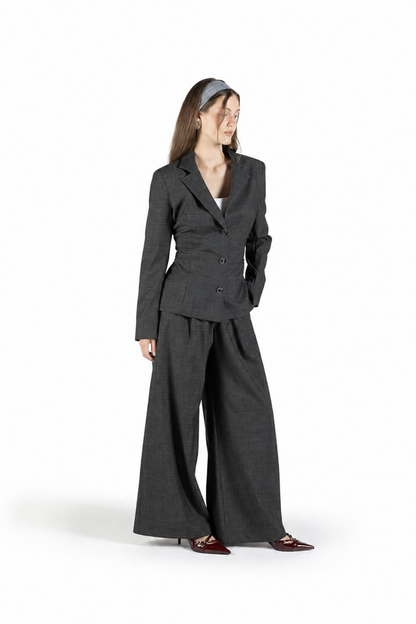 Princess-cut wool blazer with adjustable back belt in black-and-white weave