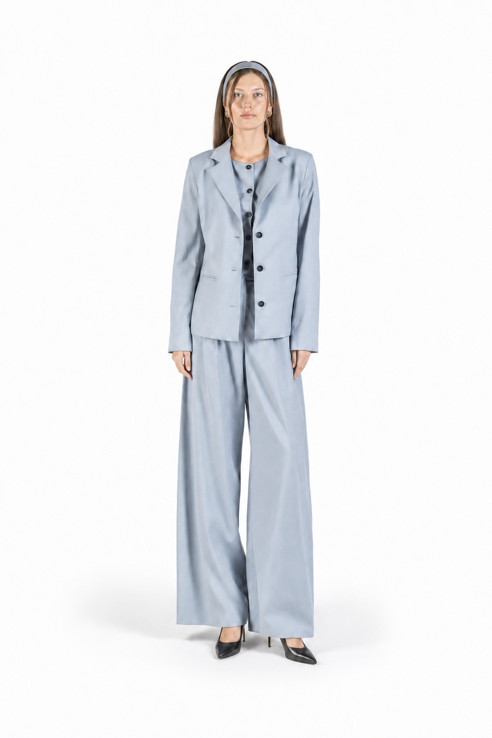 Princess-cut wool blazer with adjustable back belt in cerulean blue