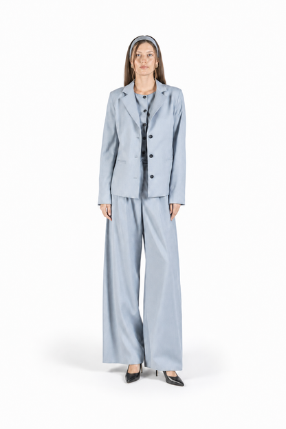 Princess-cut wool blazer with adjustable back belt in cerulean blue