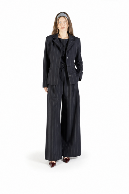 Pantalone a palazzo in lana blu gessato