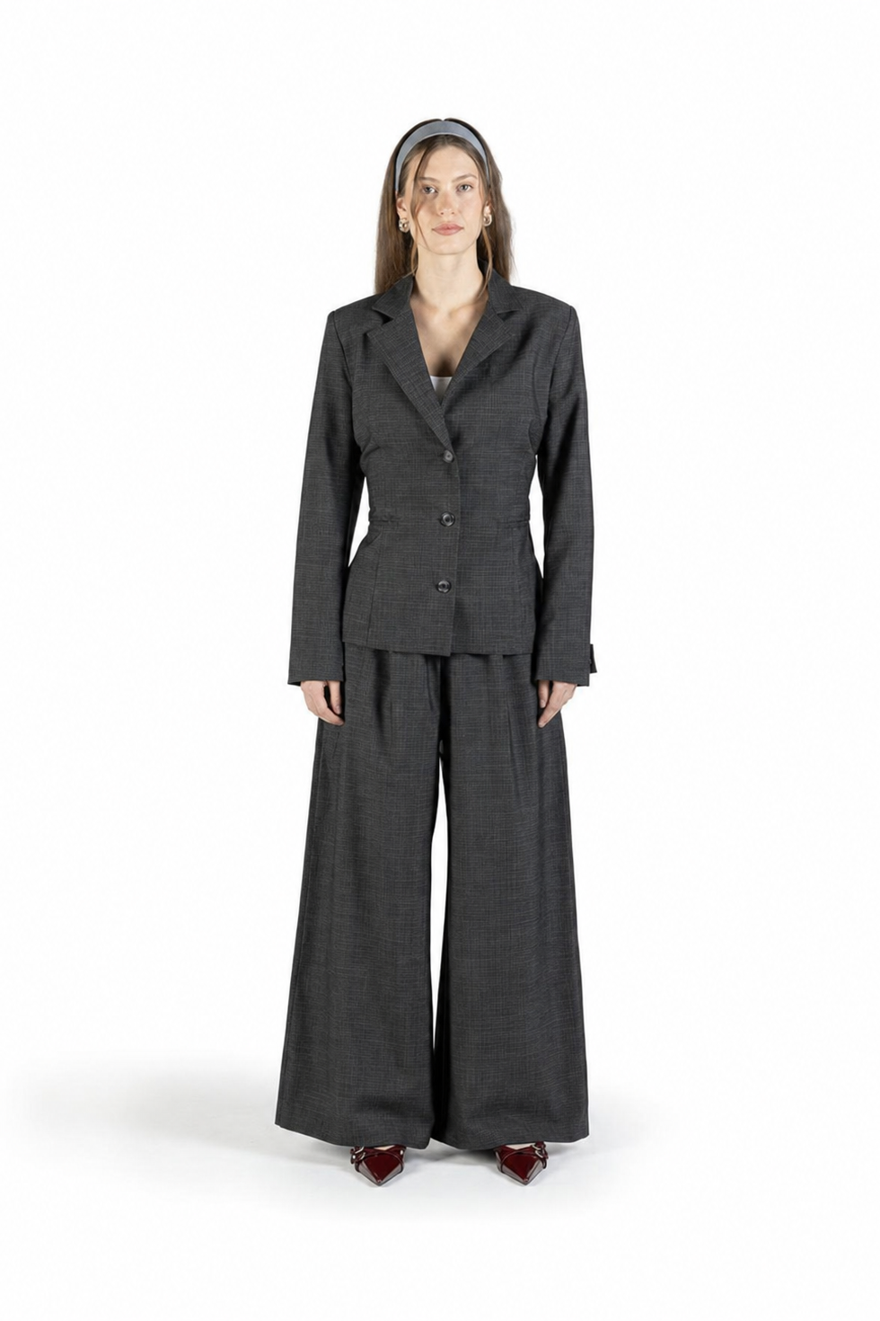Pantalone a palazzo in lana trama nero e bianco