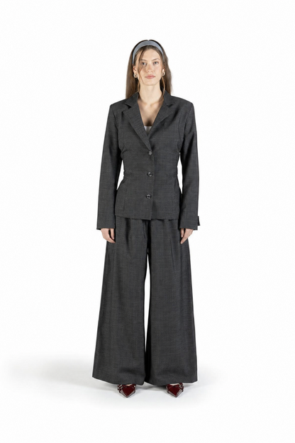 Pantalone a palazzo in lana trama nero e bianco