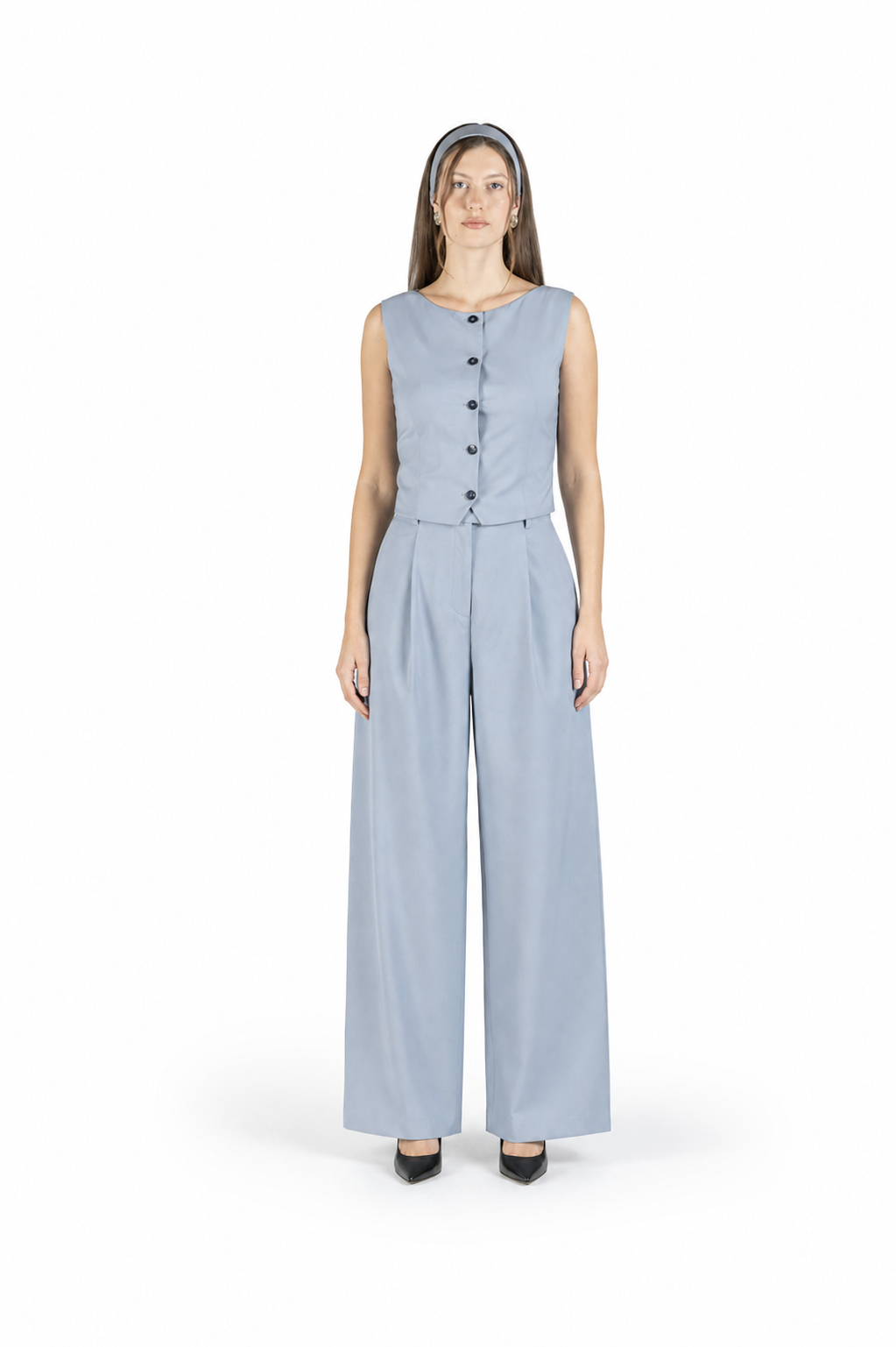Wide-leg wool trousers in cerulean blue