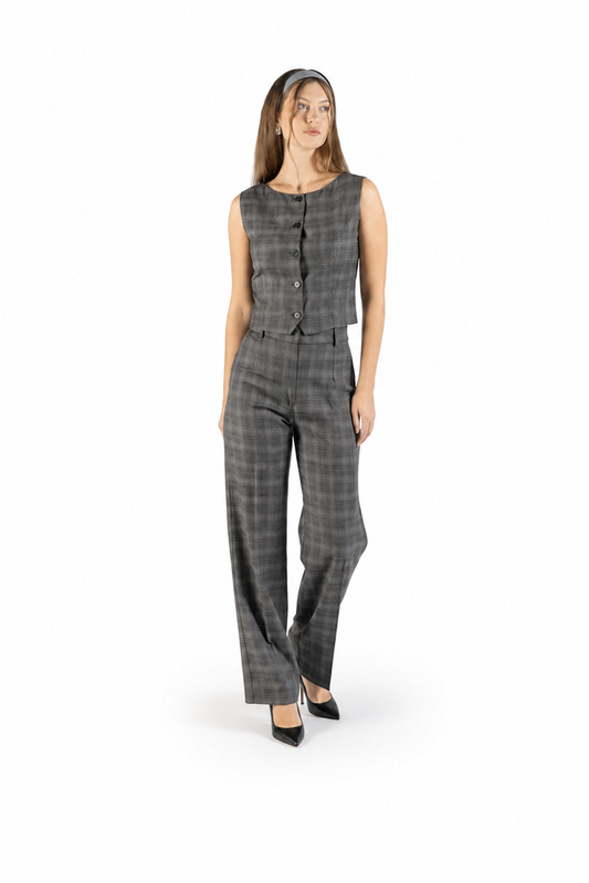 Completo gilet e pantalone in lana grigia fantasia a quadri
