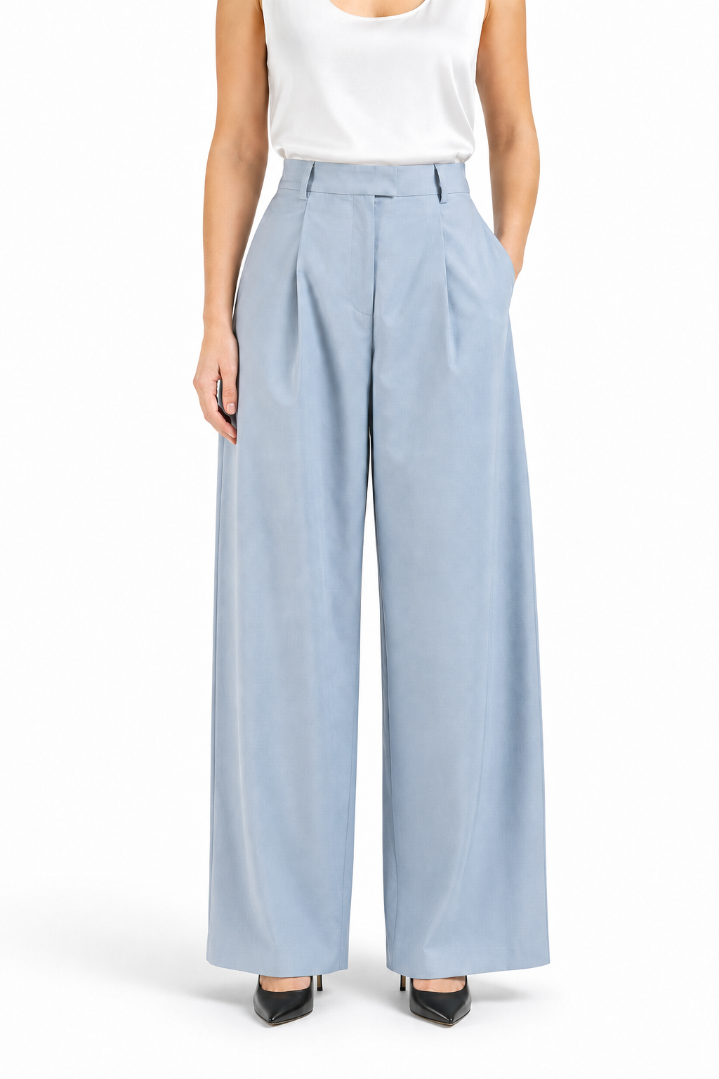 Wide-leg wool trousers in cerulean blue
