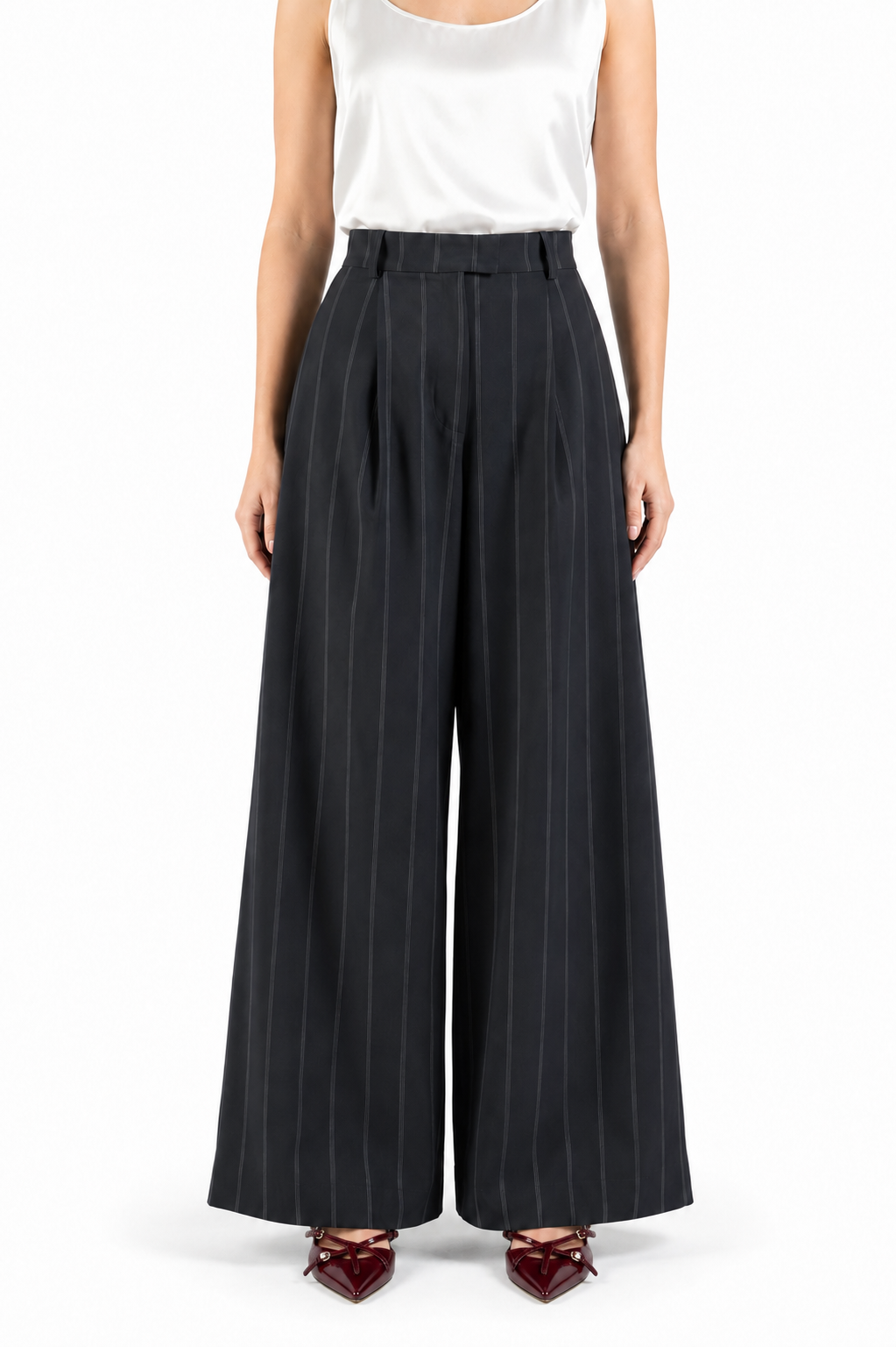 Pantalone a palazzo in lana blu gessato
