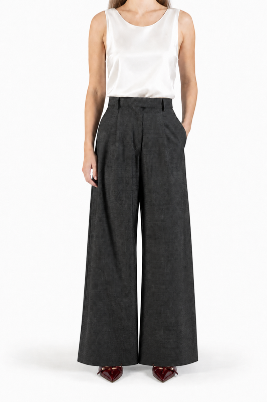 Wide-leg wool trousers in black-and-white weave