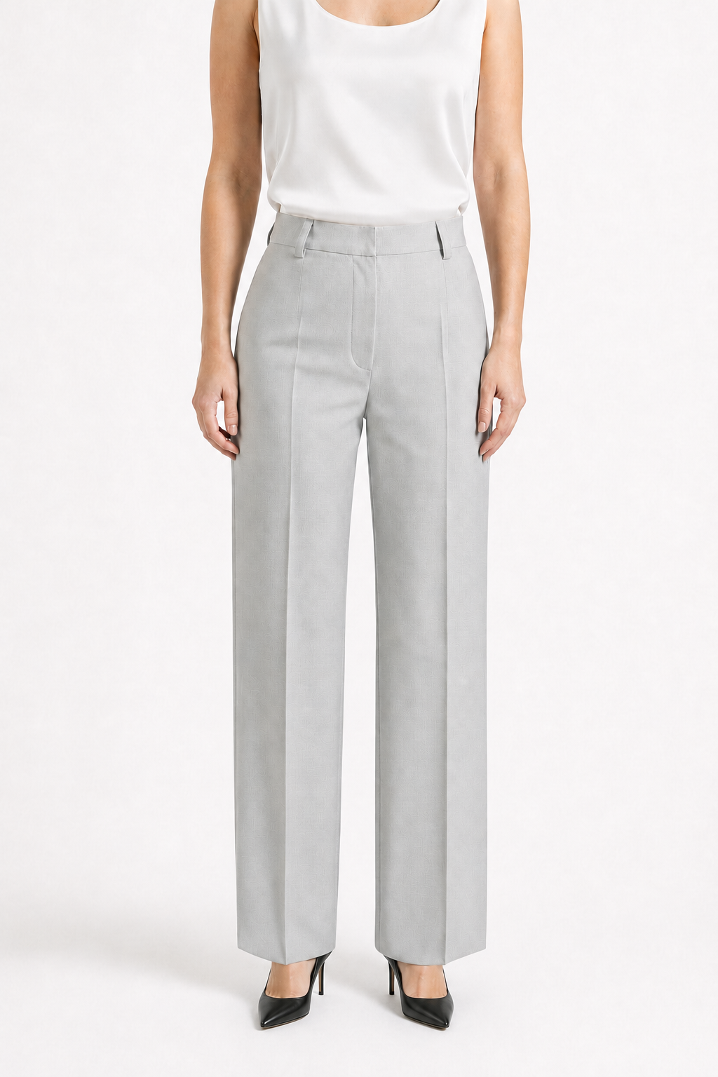 Pantalone dritto in lana con piega stirata grigio chiaro