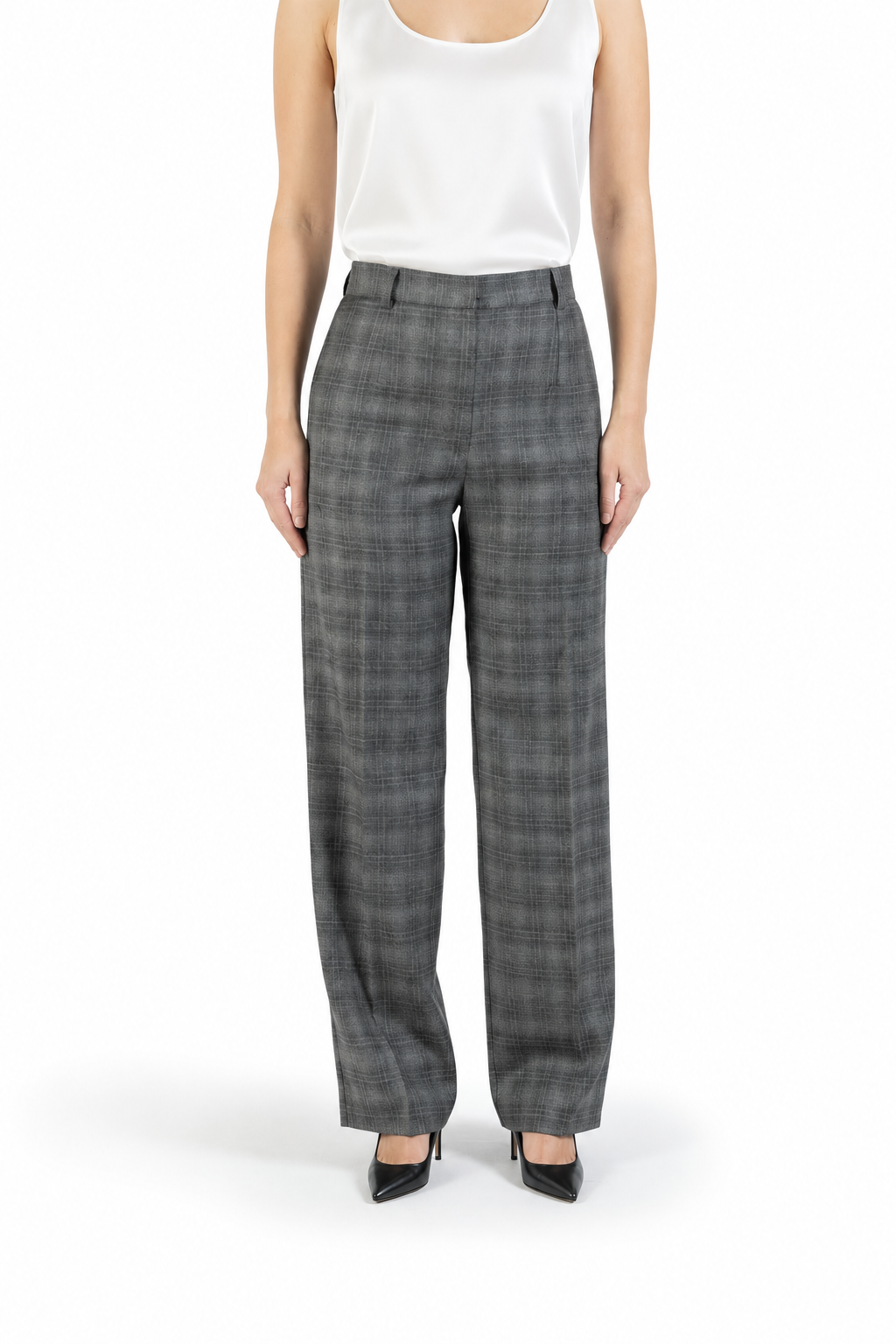 Straight-leg wool trousers in grey with pressed crease and check pattern