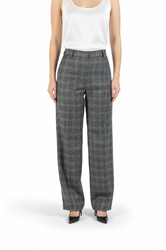 Straight-leg wool trousers in grey with pressed crease and check pattern