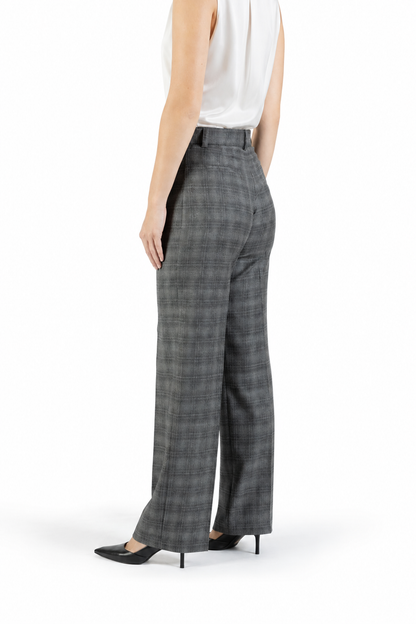 Straight-leg wool trousers in grey with pressed crease and check pattern