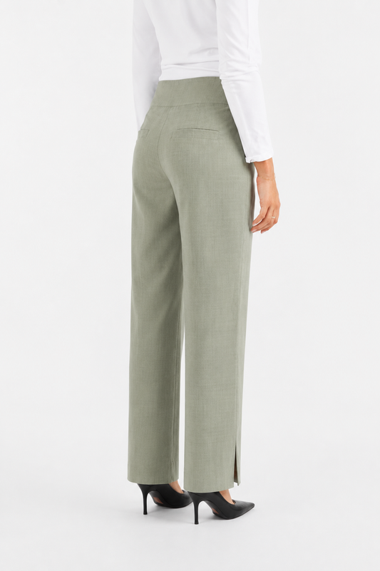 Straight-leg wool trousers in sage green with a small ankle slit