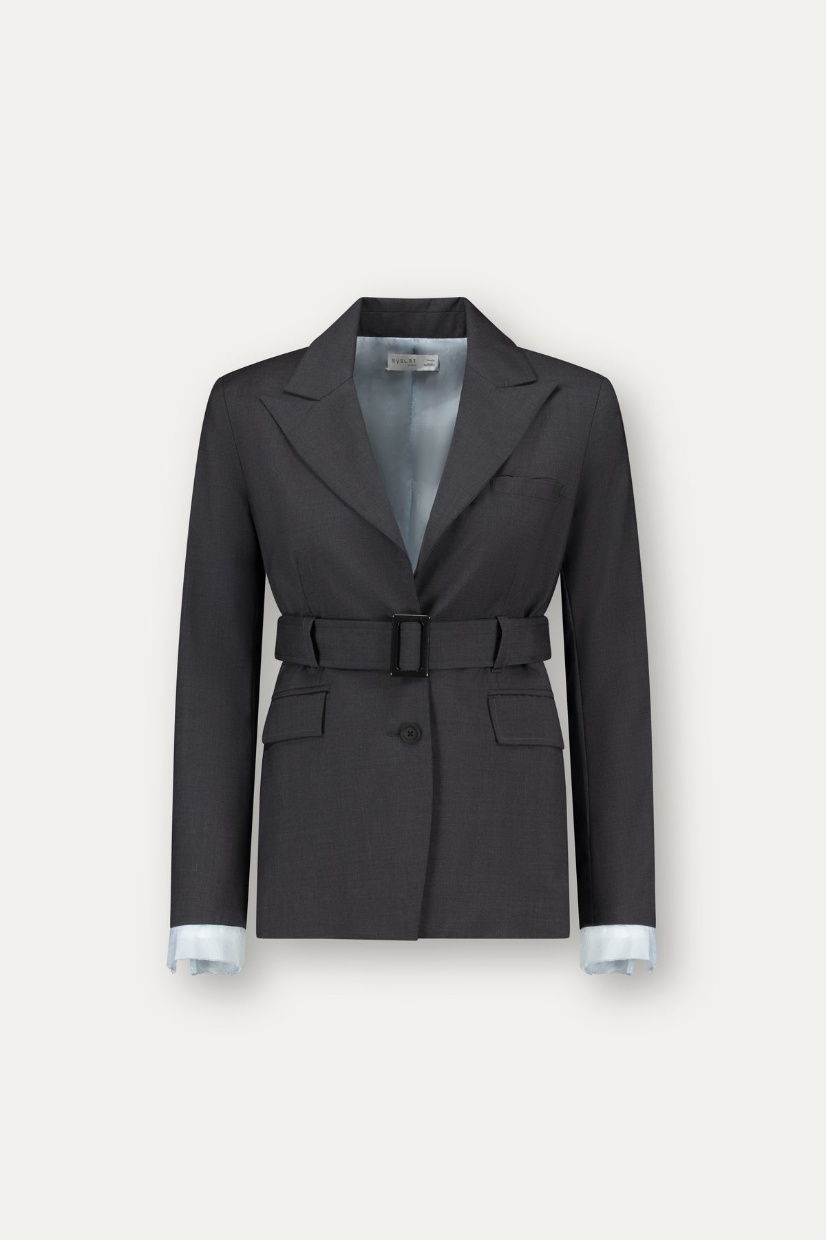 Wool blazer in grey with belt and exposed light blue lining on the sleeves