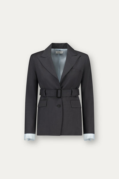Wool blazer in grey with belt and exposed light blue lining on the sleeves