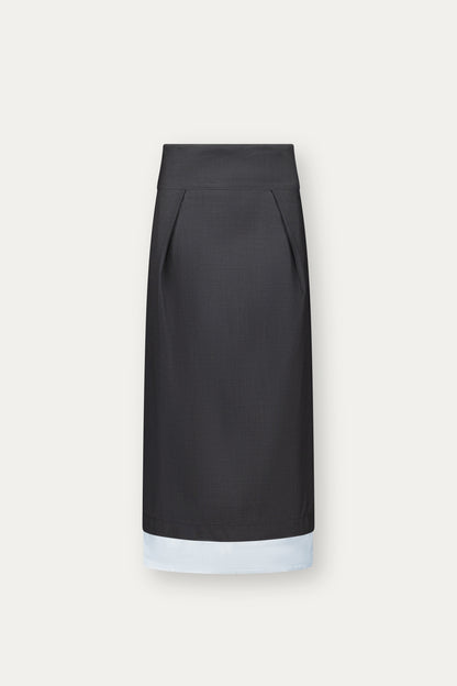 High-waist midi wool skirt in grey with exposed light blue lining