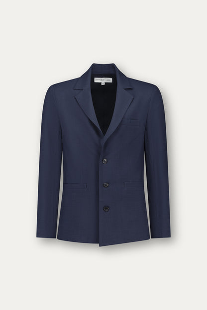 Blazer slim in lana trama blu su blu