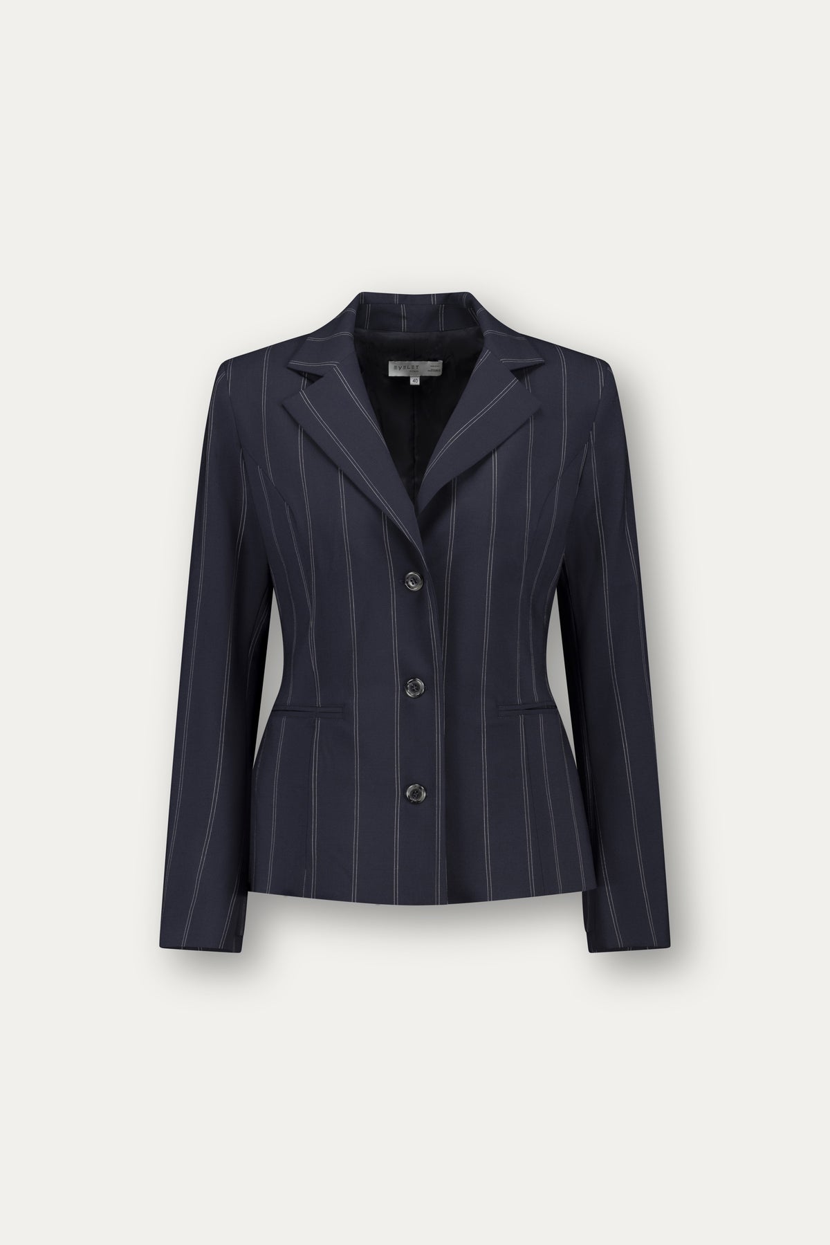 Princess-cut wool blazer with adjustable back belt in blue pinstripe