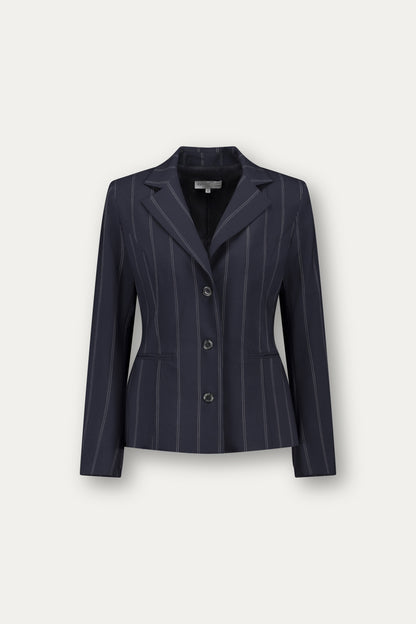 Princess-cut wool blazer with adjustable back belt in blue pinstripe