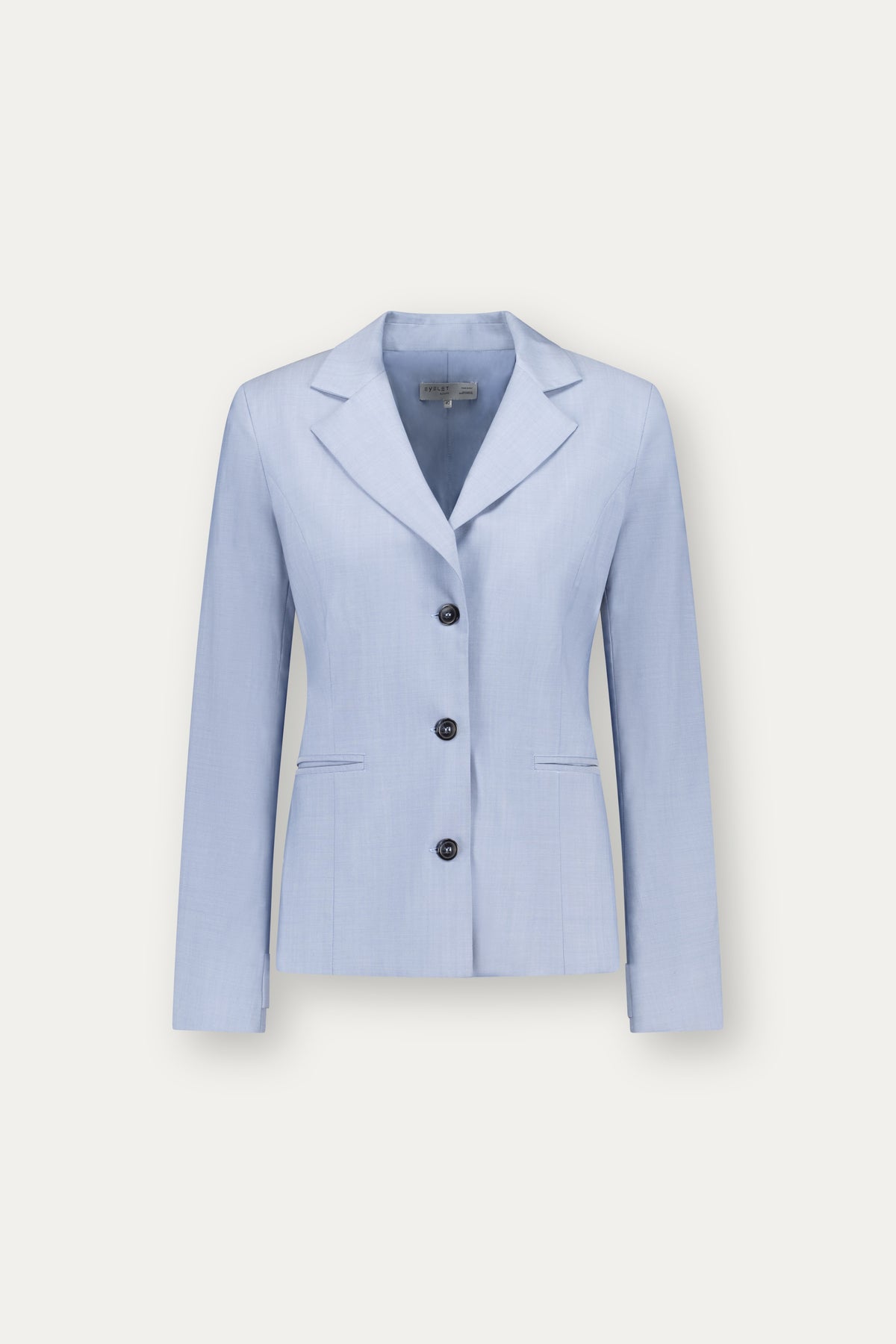 Princess-cut wool blazer with adjustable back belt in cerulean blue