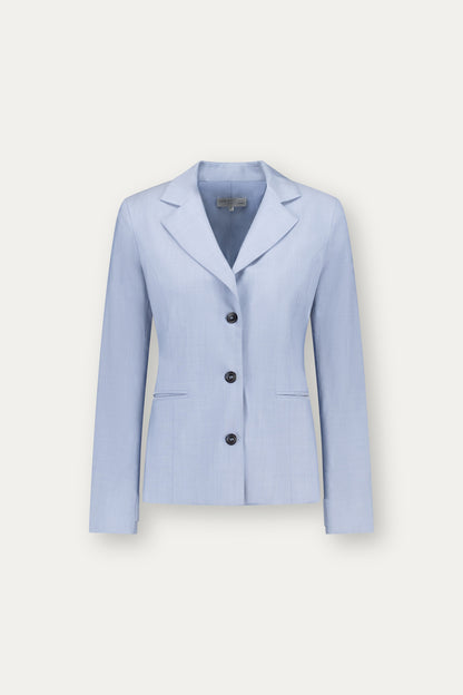 Princess-cut wool blazer with adjustable back belt in cerulean blue