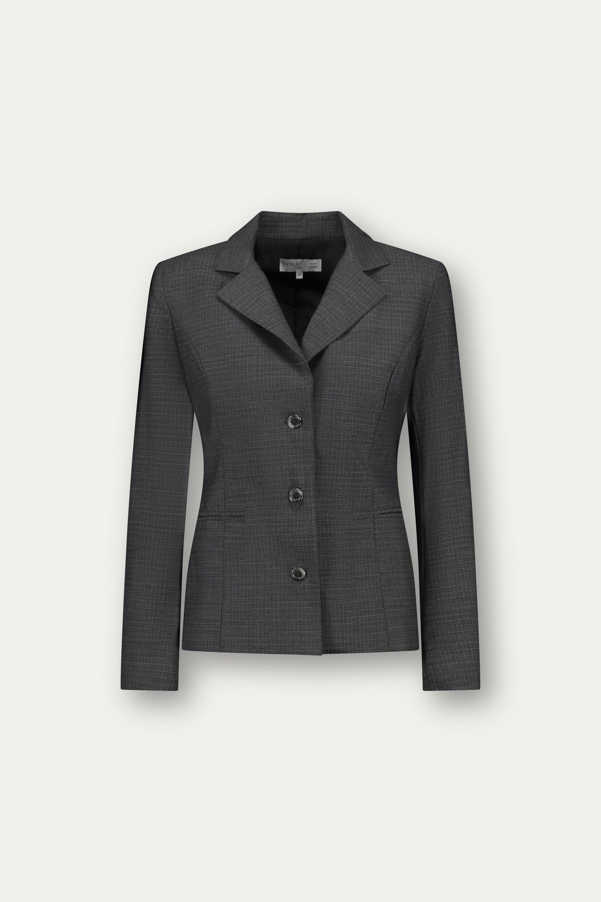 Princess-cut wool blazer with adjustable back belt in black-and-white weave