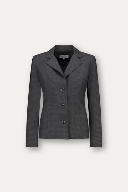 Princess-cut wool blazer with adjustable back belt in black-and-white weave
