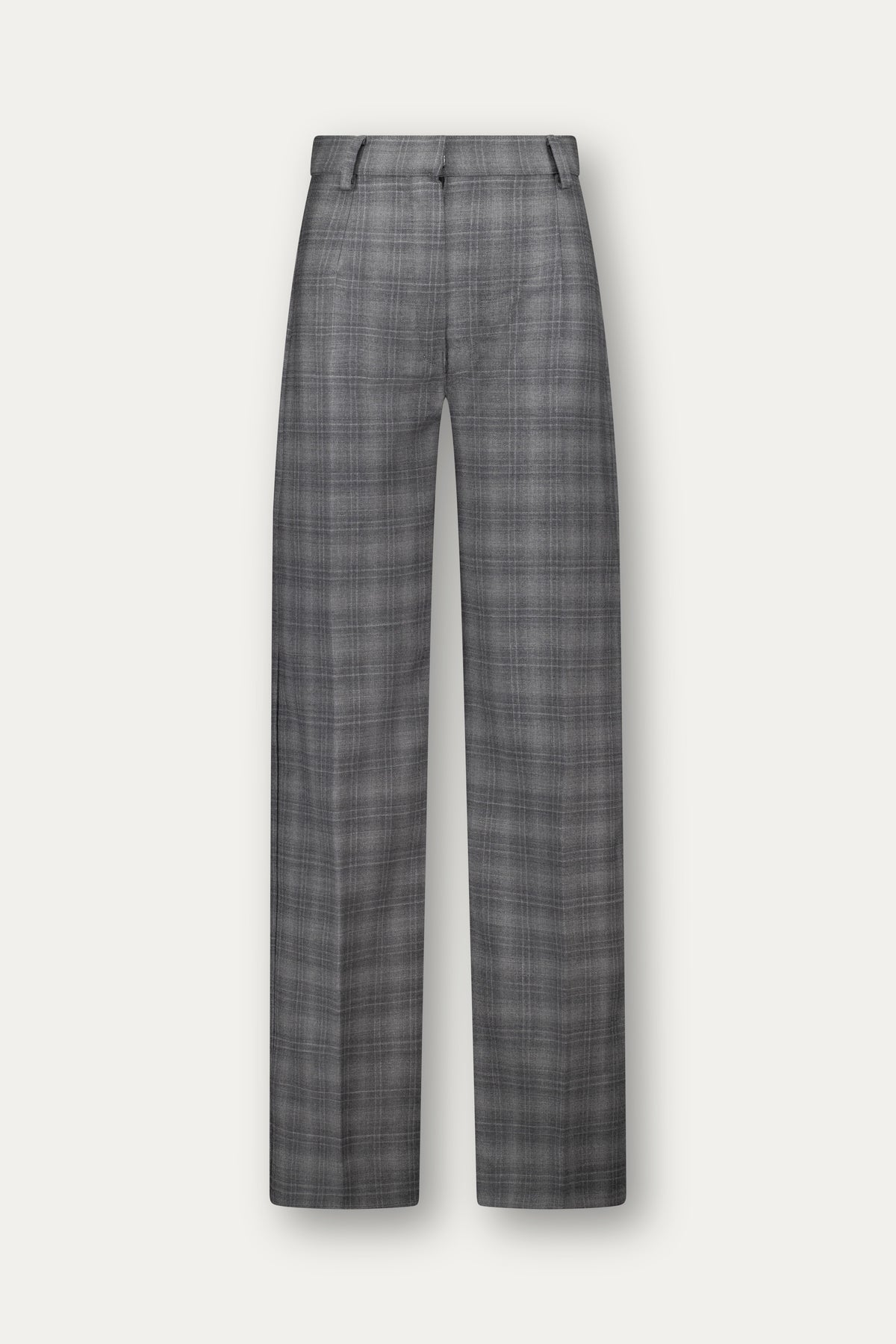 Straight-leg wool trousers in grey with pressed crease and check pattern