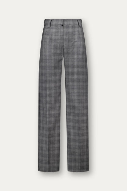 Straight-leg wool trousers in grey with pressed crease and check pattern
