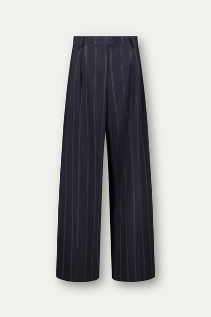 Wide-leg wool trousers in blue pinstripe