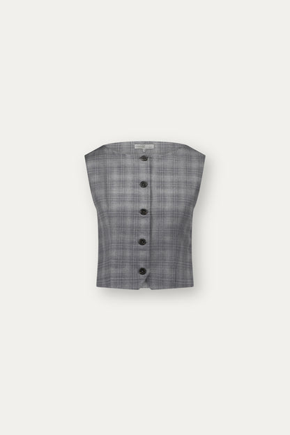 Boat-neck wool vest in grey with a check pattern