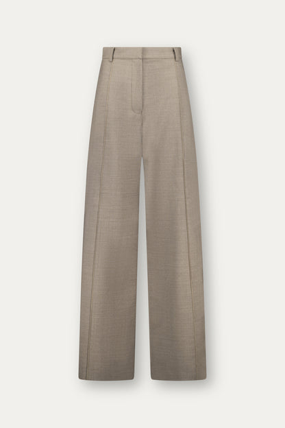 Pantalone sartoriale dritto in fresco lana marrone chiaro con piping tono su tono