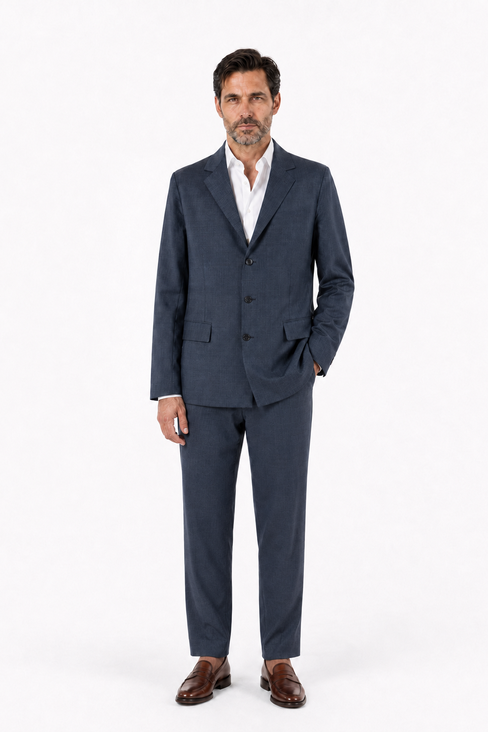 Pantalone dritto con piega stirata in lana trama blu e nero
