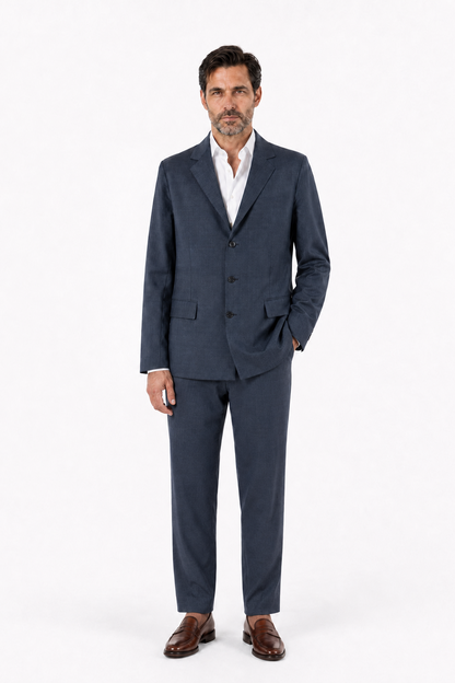 Pantalone dritto con piega stirata in lana trama blu e nero