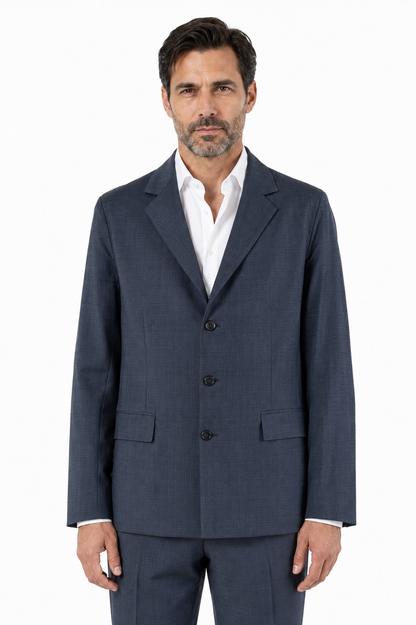 Blazer regular in lana trama blu e nero