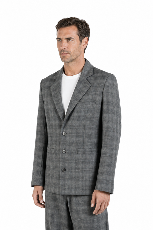 Slim-fit blazer in grey wool with a check pattern