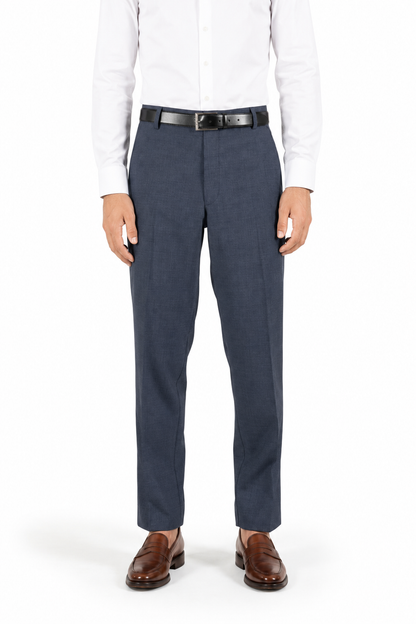 Pantalone dritto con piega stirata in lana trama blu e nero