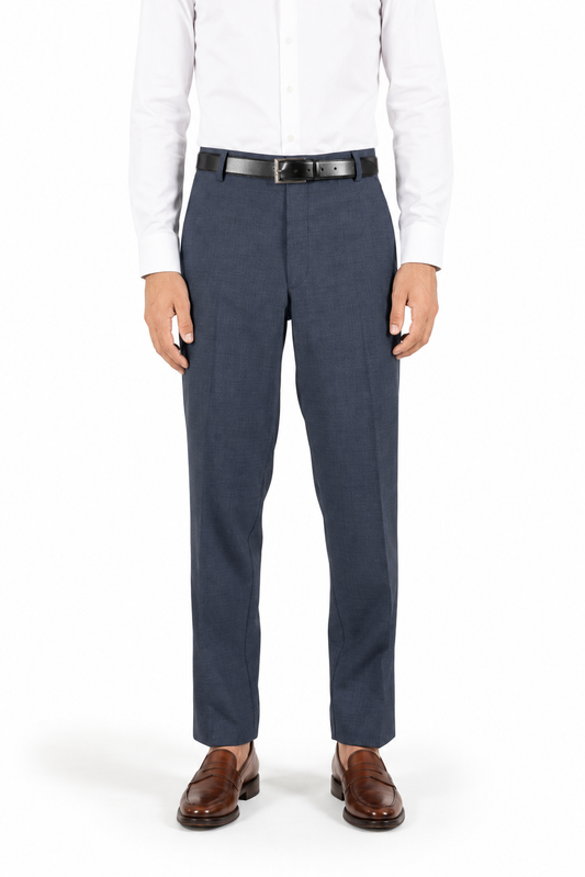 Pantalone dritto con piega stirata in lana trama blu e nero