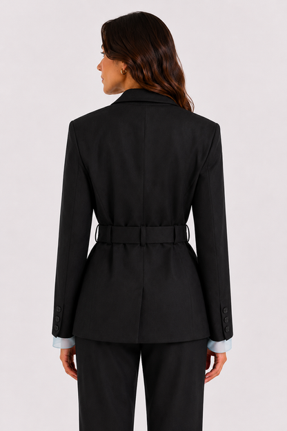 Wool blazer in grey with belt and exposed light blue lining on the sleeves