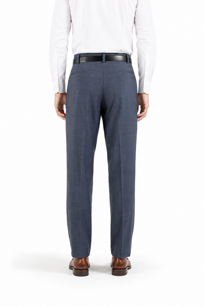 Pantalone dritto con piega stirata in lana trama blu e nero